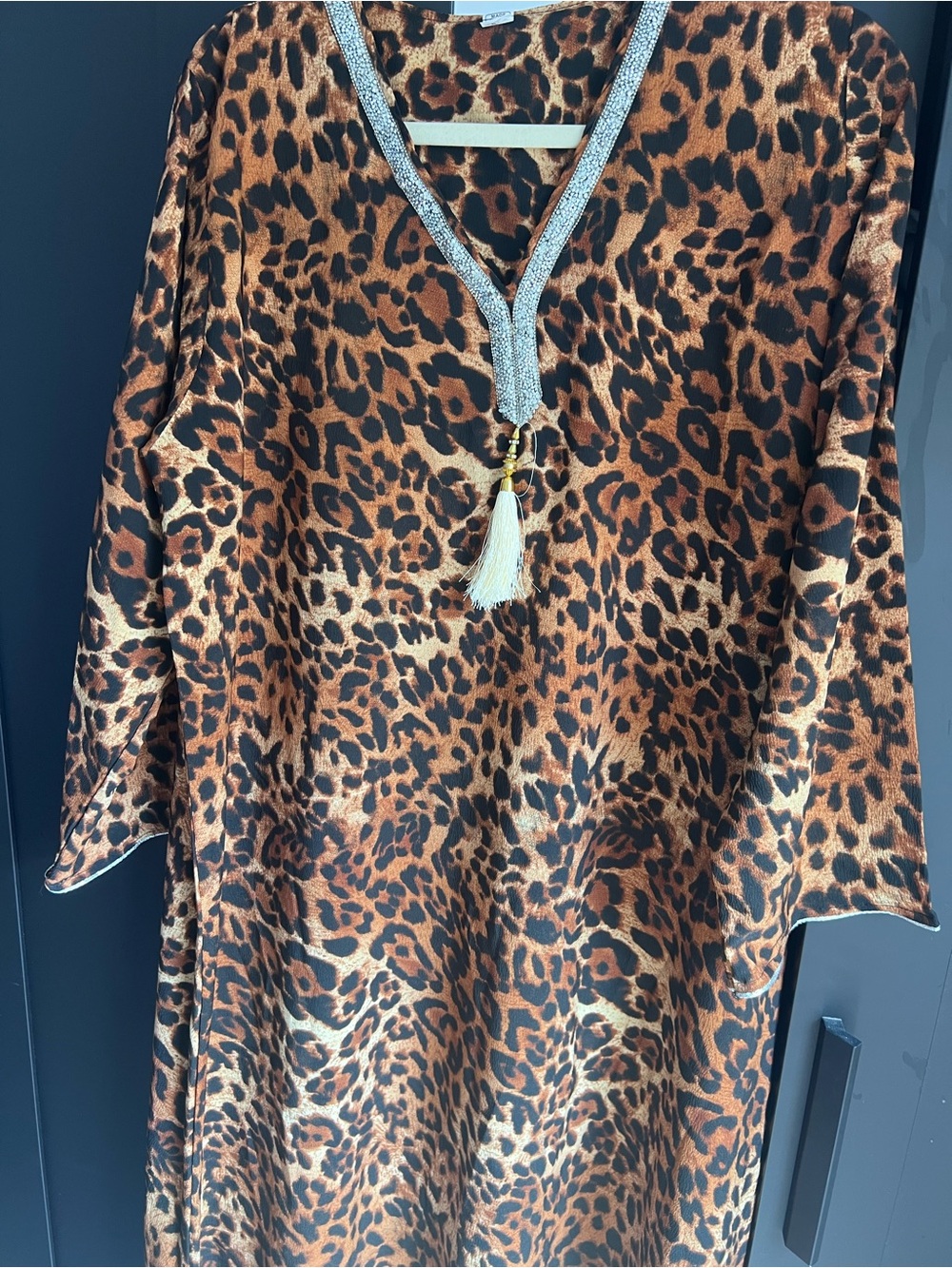 Leopard Print Tassel V-Neck maxi Dress Brown 56 length 25 inch armpit to armpit
